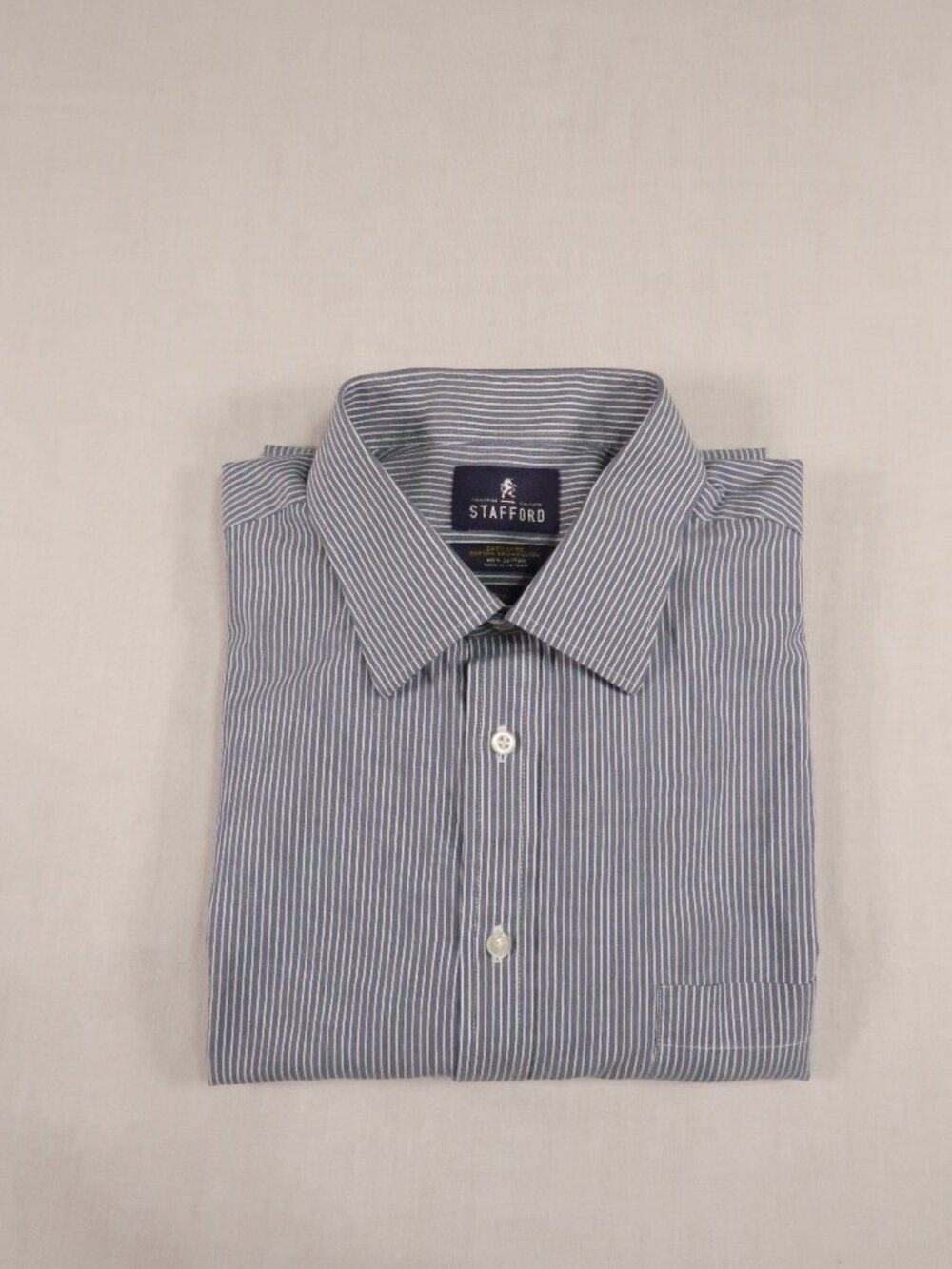 Stafford Men’s 17.5 34/35 Blue White Striped Fitted Dress Shirt 100% Cotton